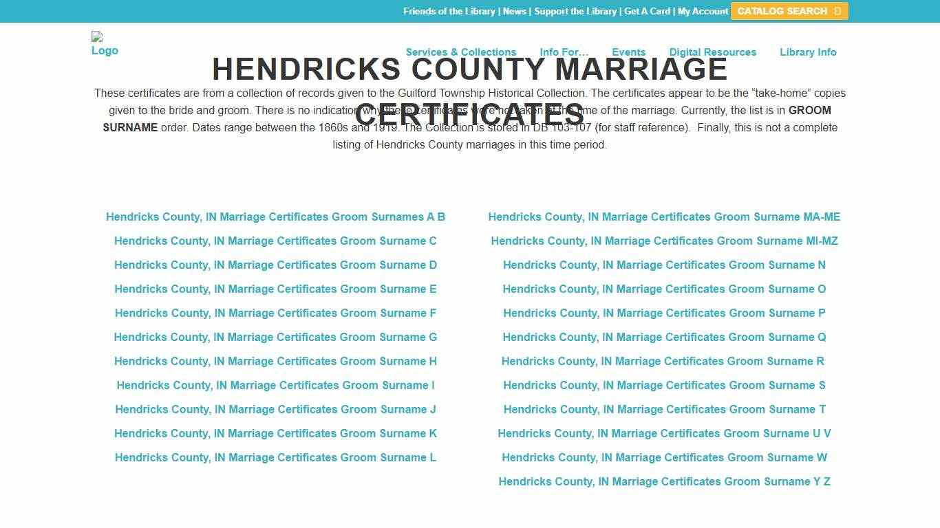 Hendricks County Marriage Certificates - Plainfield-Guilford Township Public Library
